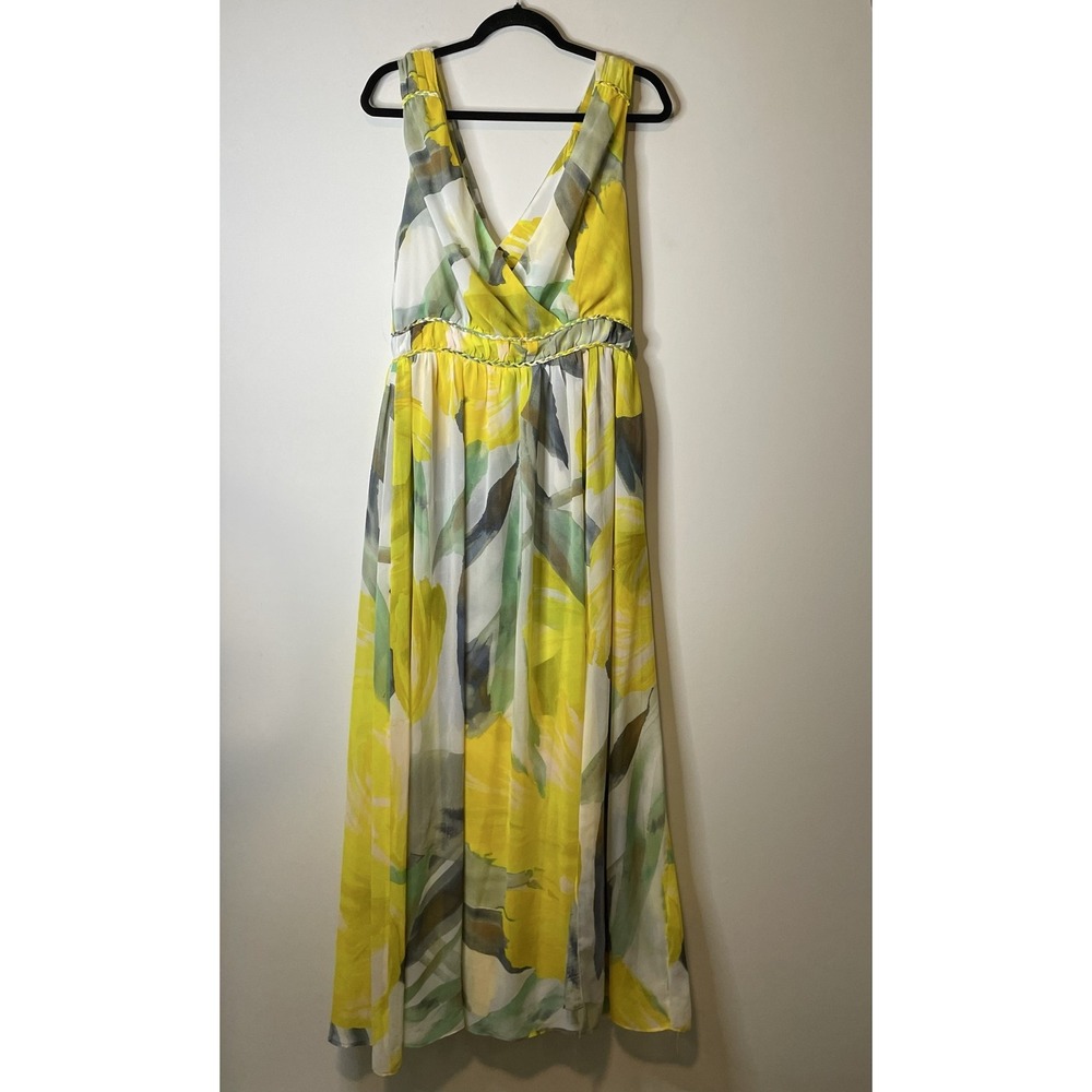 White House Black Market Dress Women's 12 Yellow Floral Empire Waist Maxi V-Neck